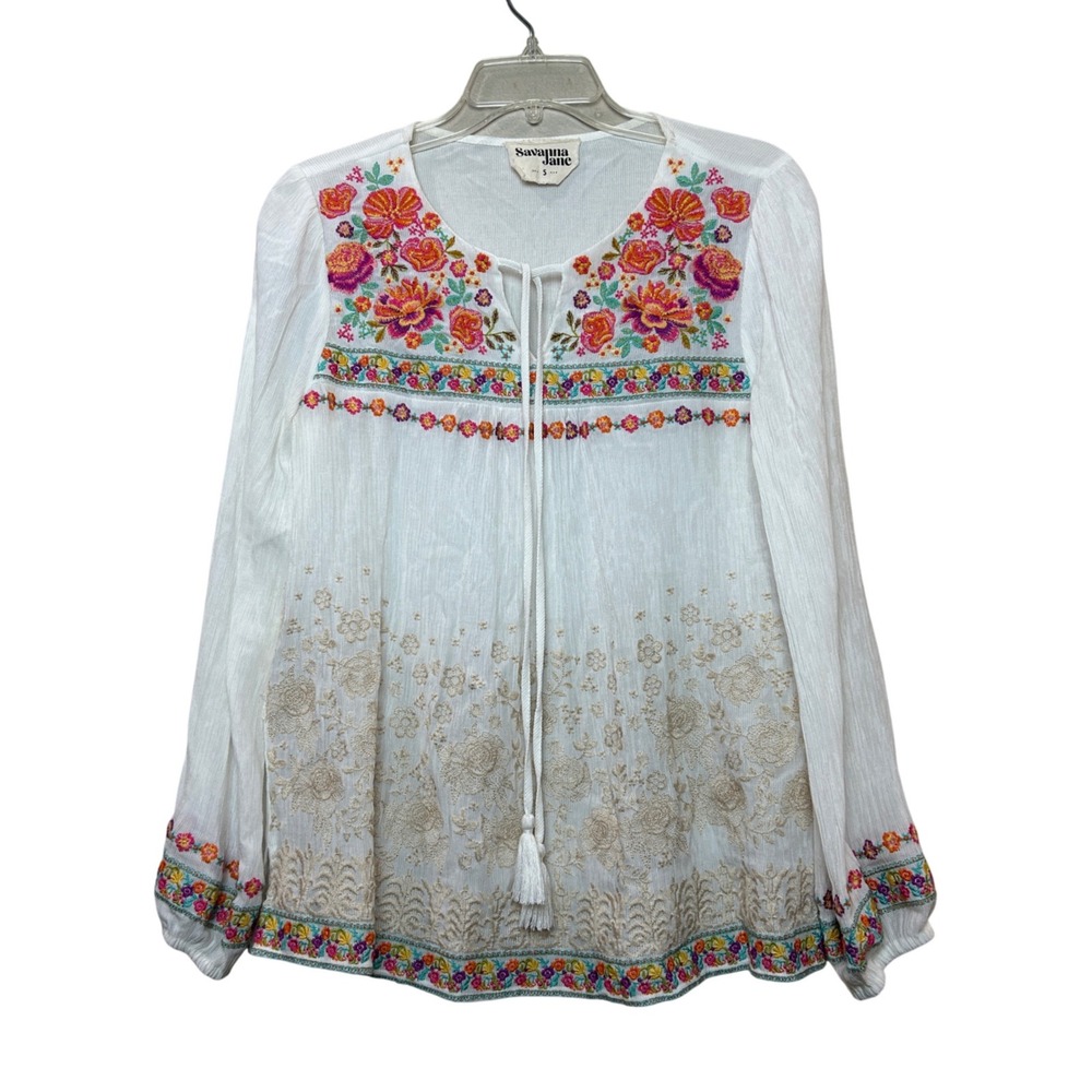 Savanna Jane Peasant Blouse Womens Small White Floral Embroidered Tassel Cottage